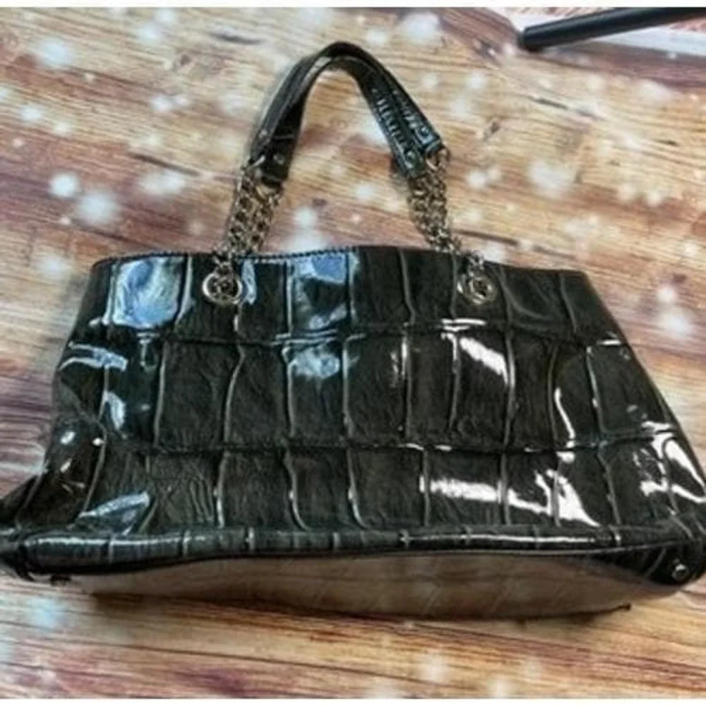 Kate Spade Black Crocodile Embossed Patent Leather Chain Tote Bag‎ Shoulder Bag